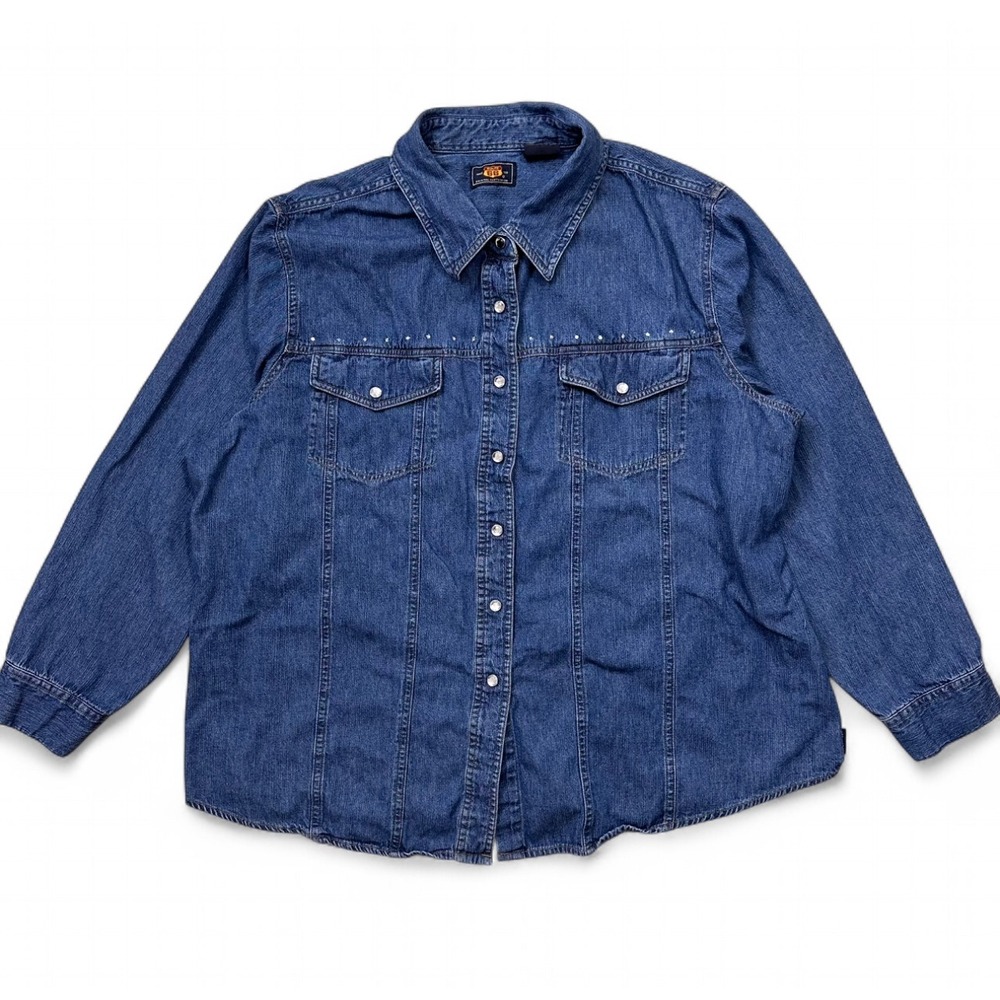 Vintage Route 66‎ Blue Denim Rhinestone Snap Button Long Sleeve Shirt 22W 3X